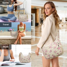 2-Piece Set Women's Small Floral Quilted Crossbody Bag and Tote – Multi-Pocket Shoulder Handbags for Everyday Use, Travel, and Casual Outfits (Pink Flower)