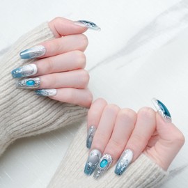 Sun&Beam Nails Handmade Nail Tip, Medium, Long, Coffin Ballerina, Blue, Silver, Silver, White, False Nails, Glossy Gradient, Hand-painted Design, Stylish, Set of 10 (#201 S)