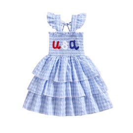 Noubeau Toddler Baby Girl 4th of July Dress USA Smocked Outfit Sleeveless Strap Ruffle Dresses Little Girls Summer Clothes(Blue,3 Years)