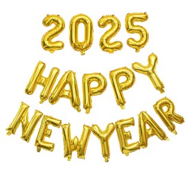 Happy New Year Balloons 2025, 16 Inch Gold Foil Balloons Set with Ribbon & Straw | Happy New Year Decorations 2025 | New Years Eve Party Supplies 2025 for Home, Indoor, Outdoor NYE Celebrations Favors