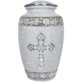 Cremation Urns for Women, White Engraved Cross Large Funeral Urn