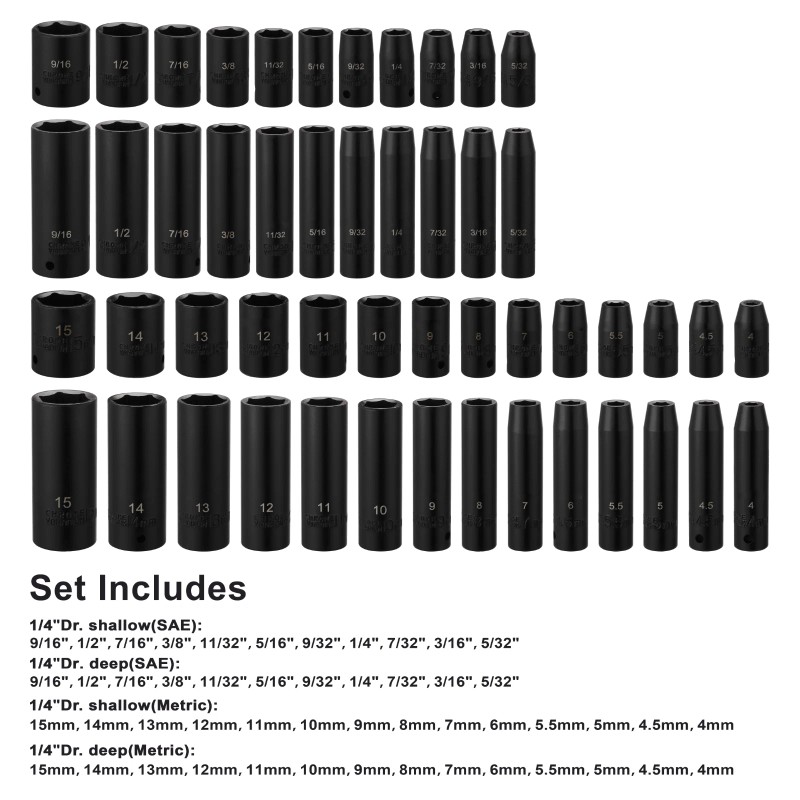 Focus tool 50PCS 1/4" Drive Master Impact Socket Set 6-Point