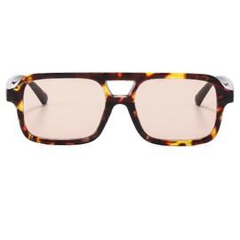 Long Keeper 70s Square Pilot Sunglasses for Women Men Retro Rectangle Sunglasses Vintage Trendy Small Double Bridge Sunglasses UV400 Protection (Leopard Light Brown)