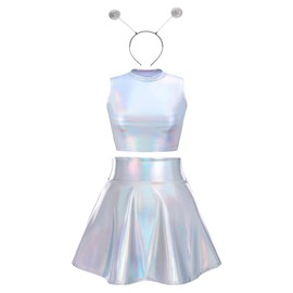 Alien Costume Women's Sexy Metallic Glitter Crop Top + Mini Skirts Headband Rave Outfit