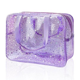 Clear Star Print Cosmetic Bag, PVC Waterproof Travel Makeup Pouch,Large Clear Travel Toiletry Bag,30 x 13 x 21.6 cm(Purple)