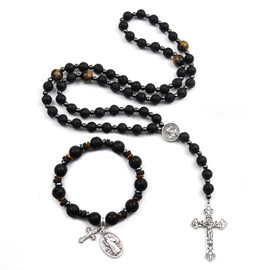 Rosary Beads Catholic, 8mm Lava Rocks Rosary Black Beads Necklace with 10mm Lava Rocks St Benedict Cross Bracelet, Rosarios Catolicos Triple Protection Necklace Bracelet Jewelry Sets Catholic Gifts
