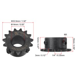 sourcing map #25 Chain Roll Gear 14 mm Bore 1/4 Inch Distance 15 Teeth Single Beach Chain Sprocket C45 Carbon Steel 25 Roll Chain Sprocket with Set Screws for ISO 04C Chain Pack of 2