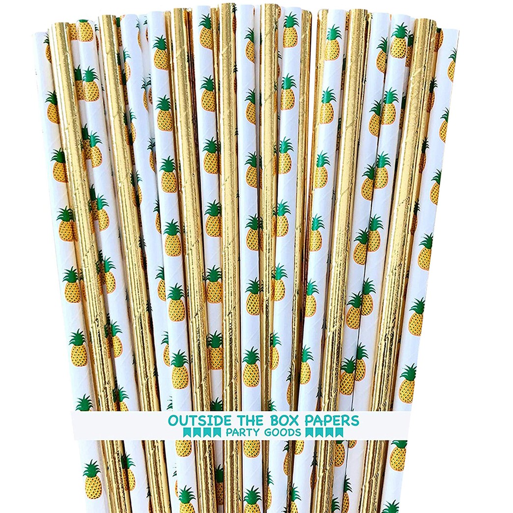 Pineapple and Gold Foil Paper Straws - Hawaiian Luau - 7.75 Inches - 100 Pack - Green Yellow Gold - Outside the Box Papers Brand