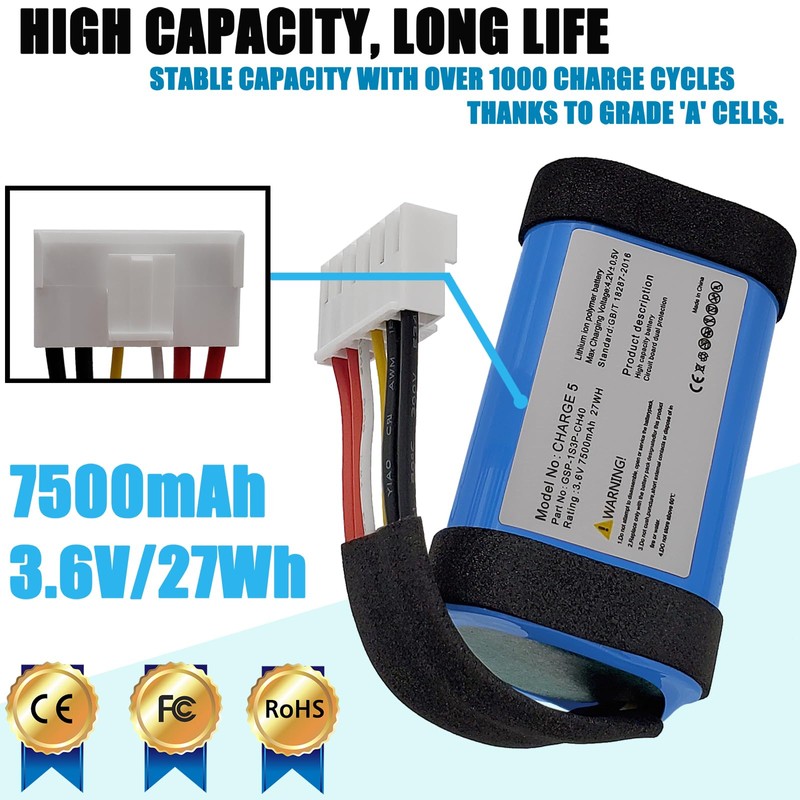 LAQUEENA GSP-1S3P-CH40 7500mAh Battery Compatible with Charge 5 Waterproof Bluetooth