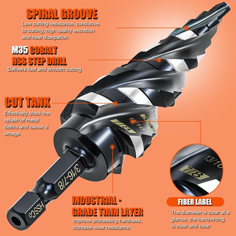 Four Spiral Flute Step Drill Bit for Metal,M35 Cobalt Unibit