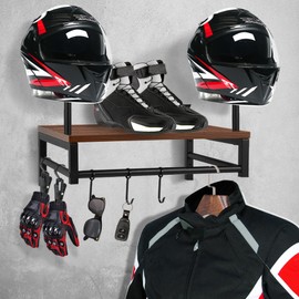 SailStart Motorcycle Helmet Holder Wall Mount,Motorcycle Gear Storage Rack,Helmet Rack with 4 Glove Clips,Helmet Stand is Made of Wood and Metal