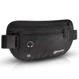 Flat Bum Bag for Travel, Sports, Jogging - Money Belt with Secret Compartment and RFID Protection Against Data Theft – Money Hideaway on Holiday – Belt Bag for Men and Women – Hip Bag Water Resistant and in Black Praxxim Flache Bauchtasche Black