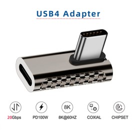 CY 20Gbps USB4 Type C Male to Female Low Profile Right Angled 100W Power Data 8K Video Adapter for USB4.0