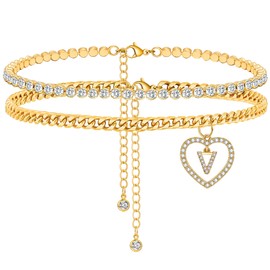 KOHOTA Initial Ankle Bracelets for Women 14K Gold Plated Layered Chain Cubic Zirconia Dainty Heart Letter Initial Gold Anklet A-Z Gold Anklets for Women Summer Beach Foot Jewelry Gifts