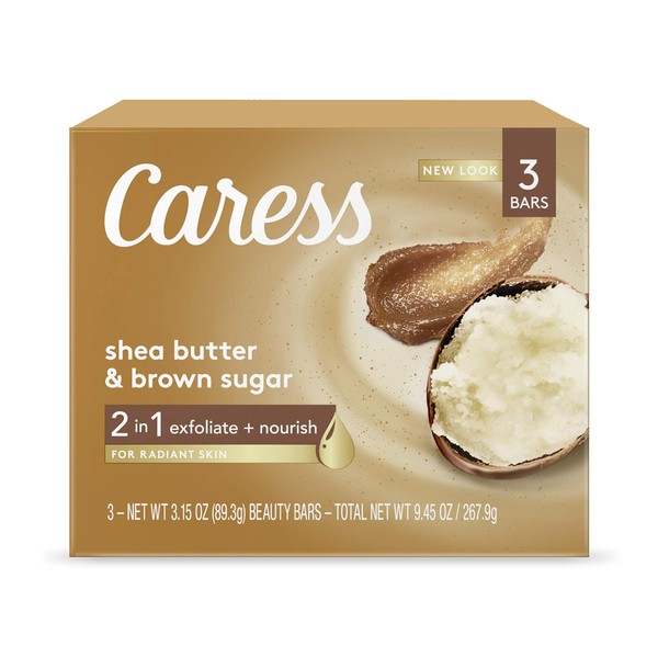 Caress 2-in-1 Beauty bar Soap Exfoliating & Nourishing Shea Butter & Brown Sugar 3.15 oz 3 Bars, 3.15 oz