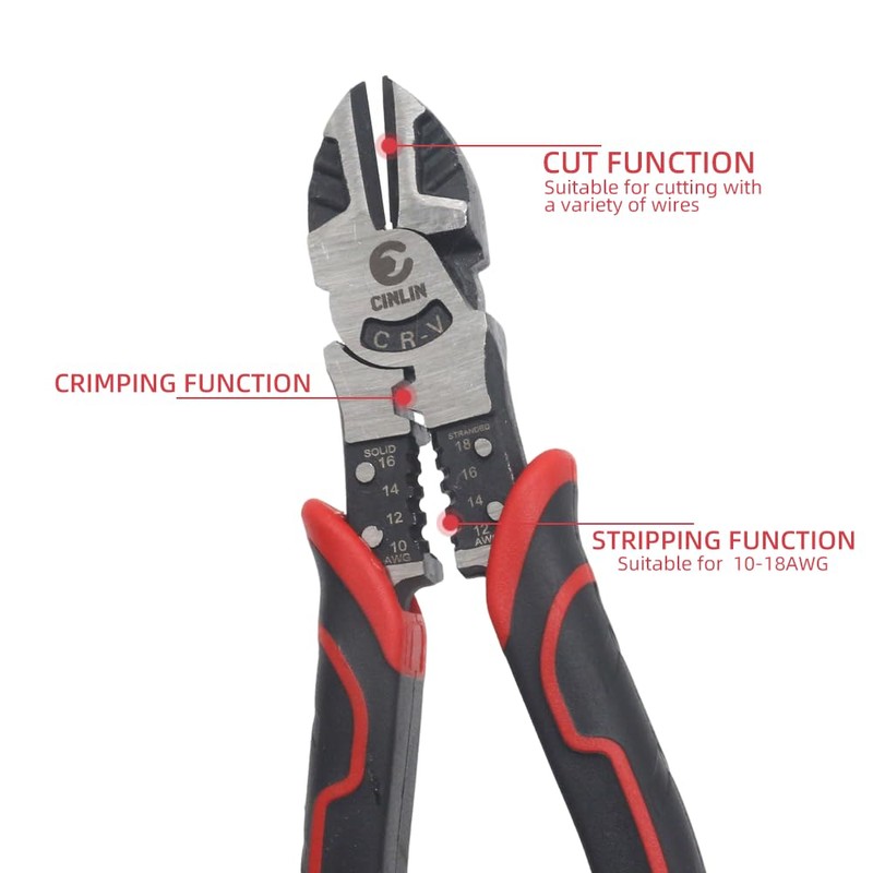 CINLIN 3-in-1 Diagonal Cutting Pliers, 7.5" Multifunction Heavy Duty Side-Cutting/Stripping/Crinmping