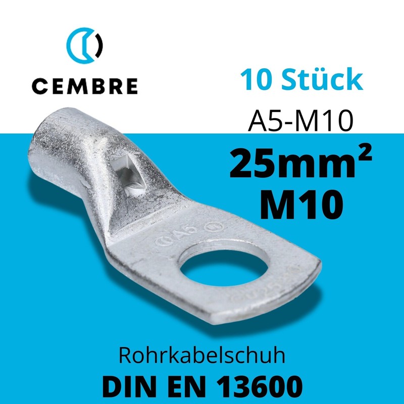 Cembre A5-M10 Pipe Cable Lug 25 mm² M10 Uninsulated Tin-Plated