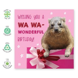 Cute Hyrax Birthday Card - "Wishing You a Wa Wa-Wonderful Birthday!" -Animal Greeting Card for Her, Friends, Sister, Colleague, Women, Ladies - Funny and Adorable- Comes with Fun Stickers