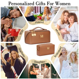 CLOUDWINGS Initial Makeup Bag, Large Capacity Travel Cosmetic Bag Set, Open Flat Makeup Organizer With Clear Divider and Handle, Gifts for women, Brown, M