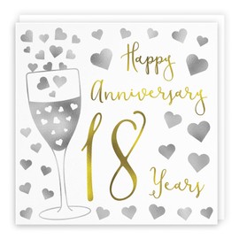 Hunts England - 18th Wedding Anniversary Card - Happy Anniversary - 18 Years - Silver Hearts Collection - For Couples, Friends, Him, Her