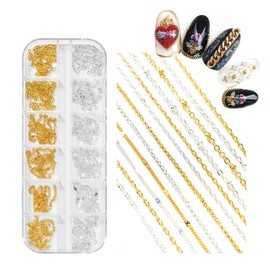 WOKOTO 12 Gold And Silver Metallic 3D Nail Chains Charms Metal Nail Art Chain Nail Jewelry Chains Nail Decorations with Box 3D Gold Silver Nail Chains Nail Ornaments Nail Art Studs for Manicure