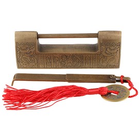 9cm Traditional Chinese Door Lock Brass Antique Style 5cm Spacing Carved Jewelry Box Padlock with Key Bronzy