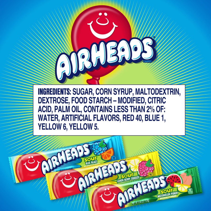 Airheads Sour Full-Size Candy Bars, Taffy Candy Assorted Bag, Individually