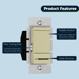TOPGREENER in Wall Slide Dimmer Switch, for 150W Dimmable LED, 600W Incandescent/Halogen, Single Pole or 3 Way, 120V 60Hz, No Neutral Wire Required, UL Listed, TGDMDS-120-I, Ivory