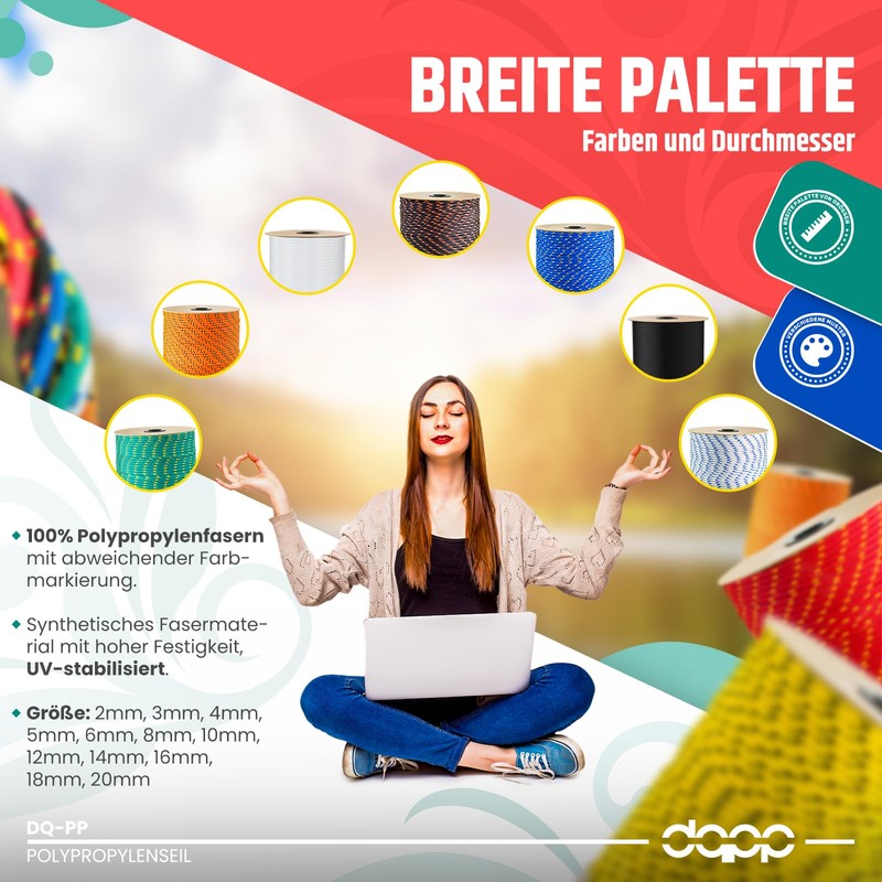 10m yellow polypropylene rope poly cord 10mm