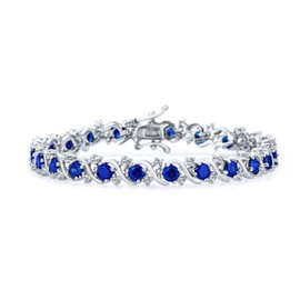 Bling Jewelry Fancy Prong Set Solitaire Round Cubic Zirconia Royal Blue Simulated Sapphire AAA CZ Wave Tennis Bracelet for Women Prom Bride Silver Plated 7 Inch
