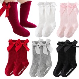 Baby Girls Knee High Socks 5 Pairs, Non-Slip Infant Toddler Bow Stockings Breathable Knit Bowknot Ruffle Knee High Socks Cotton Newborn Infant Long Stocking Socks Tube Ruffled Dress Socks