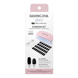 Dashing Diva Glaze Nail Starter Kit - Real Black - Long Lasting, Chip Resistant, Semi-Cured Gel Nail Strips - 7-Piece Manicure Set with 32 Strips and Mini LED Lamp