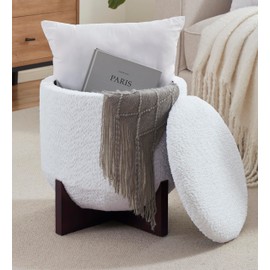 Ornavo Home Decor Round Ottoman with Storage, Boucle White Teddy Round Vanity Chair Stool Ottoman Pouf with Storage for Living Room and Bedroom