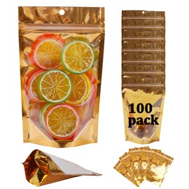 100 Pack Mylar Bags for Food Storage Resealable Aluminum Foil Stand Up Pouch with Window & Hang Hole 7.87×11.81 Inch Reusable Zipper Lock Food Packaging Heat Seal Bags for Small Business & Home - Gold