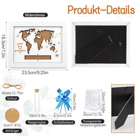 Dawumin Geldgeschenke zur Hochzeit, Bilderrahmen Geldgeschenk mit Holz Weltkarte, Hochzeitsgeschenke für Brautpaar Geld, Personalisierbar im Reagenzglas und Herz-Anhänger (Weiß)