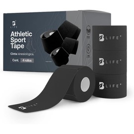 Cinta Kinesiológica Precortada Color Negro, 4 Rollos de Sport Tape, Vendaje de Apoyo para Músculos de Rodilla, Hombro, Tobillo. Athletic Sport Tape Black. B Life
