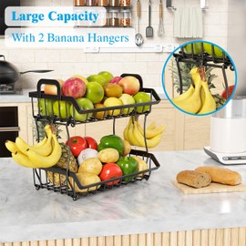 CHLORYARD 2 Tier Fruit Basket for Kitchen, Countertop Fruit Bowl Stand Vegetable Storage Basket with 2 Banana Hangers, Wall Mounted Metal Wire Basket Organizer for Bread Snack Potato Onion, Black