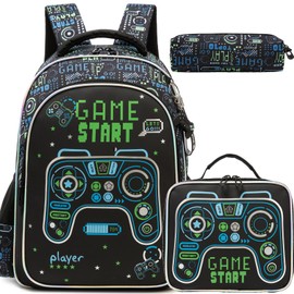 Oruiji Game School Backpack for Boys Backpacks Ages 8-10 with Lunch Box Set Black Bookbag for Boys Backpack for Kids Backpacks Lightweight Elementary Back to School Supplies Kit