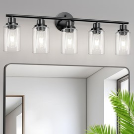 Guliaofo 5-Light Black Bathroom Vanity Lights, E26 Modern Bathroom Light Fixtures with Clear Glass Shade, Mirror Kitchen Hallway Cabinet Living Room Sconces Wall Lights