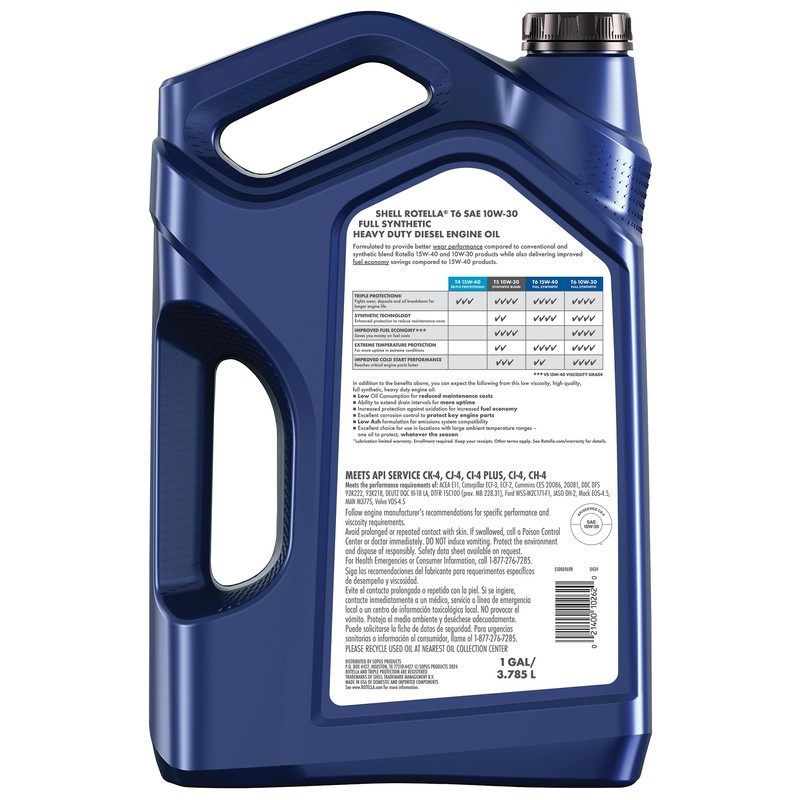 Shell Rotella T6 Full Synthetic 10W-30 Motor Oil, 1 Gallon