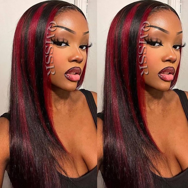 QMSSR Red Highlight 13X4 Lace Front Wig Synthetic Hair Pre