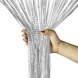 String Curtain Panels Door Fly Screen Room Divider Net Hanging Glitter Curtains,Decorative Tassel Ribbon Strip Silver Screen for Living room,Bedroom,Party Events (White, 39" x 79")