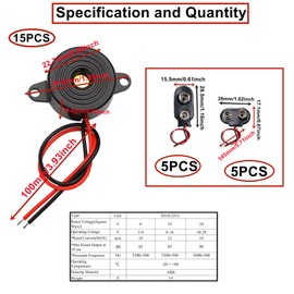 HUAZIZ Electronic Buzzer, DC 3V-24V Buzzer Alarm Piezo Sounder Continuous Sound Buzzer, Black, 23 x 12 mm, Pack of 15