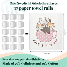 LARTSFRO Cat Swedish Dishcloths for Kitchen, Papaya Reusable Paper Towels, 4 Pack Watercolor Dish Towels for Kitchen, Cute Swedish Dish Cloths, Reusable Paper Towels Washable