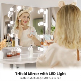 Corner Makeup Vanity Desk with Mirror and Lights - White Vanity Table with 3 Lighted Mirrors 5 Drawers Bedroom Makeup Table with Storage Shelf 44'' Dressing Table for Women Girls