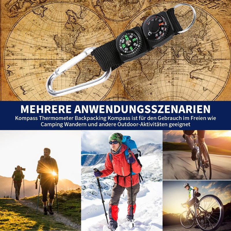 IUSOT Pack of 2 compass key rings with thermometer, multifunctional
