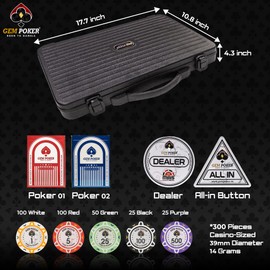 GEM POKER Luna 14 Gram Clay Poker Chips Set for Texas Hold’em, 300PCS Numbered Chips, Features a High-end Carrying Case with Strong Eva Foam Inside and German Polycarbonate Shell