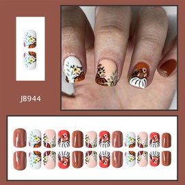 Thanksgiving Press on Nails Fall Short Square Fake Nails with Designs Brown Pumpkin Flowers and Plants Glue on Nails 24 Pcs Reusable Glossy Stick on Nail for Women WYFHDT