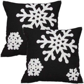 Elife Soft Square Christmas Snowflake Home Decorative Canvas Cotton Embroidery Throw Pillow Covers 18x18 Cushion Covers Pillowcases for Sofa Bed Chair (1 Pair, Black)