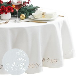 Elrene Home Fashions Poinsettia Noel Laser Cut Holiday Fabric Tablecloth, 70x70 Round, Poinsettia Ivory